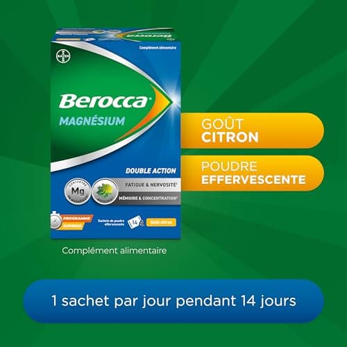 Berocca® Magnésium - Bicabonate et citrate de magnésium, vitamines B6, B12 - Fatigue et nervosité - Mémoire et concentra