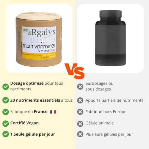 Multivitamines et minéraux Argalys Essentiels - 20 Nutriments - Homme/Femme - Vegan - 60 Gélules Fabriquées en France -
