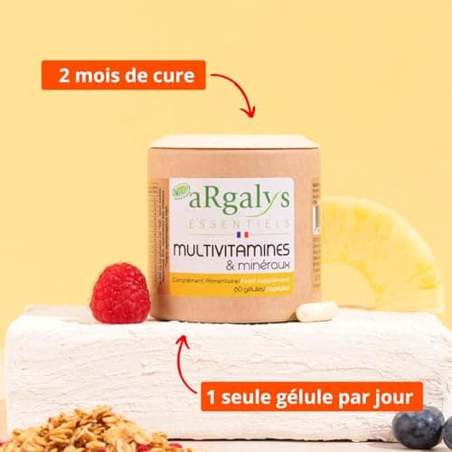 Multivitamines et minéraux Argalys Essentiels - 20 Nutriments - Homme/Femme - Vegan - 60 Gélules Fabriquées en France -