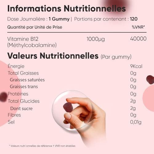 Vitamine B12 Méthylcobalamine 1000mcg 120 Gummies pour Adultes - 4 Mois d'Approvisionnement Goût de Grenade - Sans OGM e