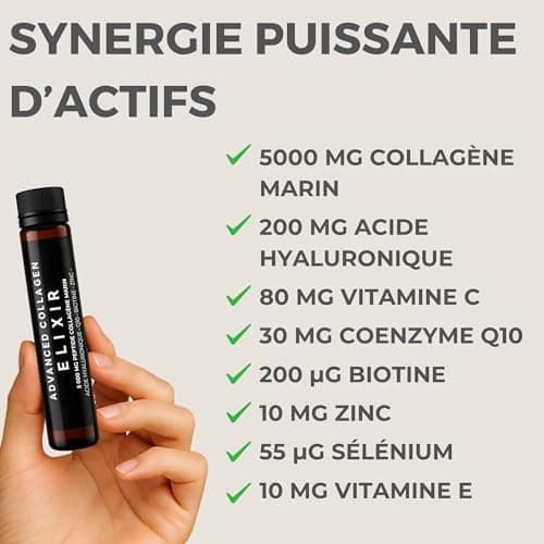 Collagene puissant 5000mg – 20 Shots Liquides Bio à Base d'Acide Hyaluronique, Vitamines C & E et Biotine pour Peau, Che