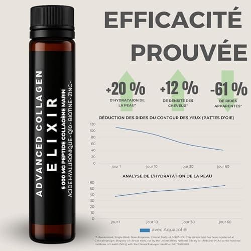 Collagene puissant 5000mg – 20 Shots Liquides Bio à Base d'Acide Hyaluronique, Vitamines C & E et Biotine pour Peau, Che
