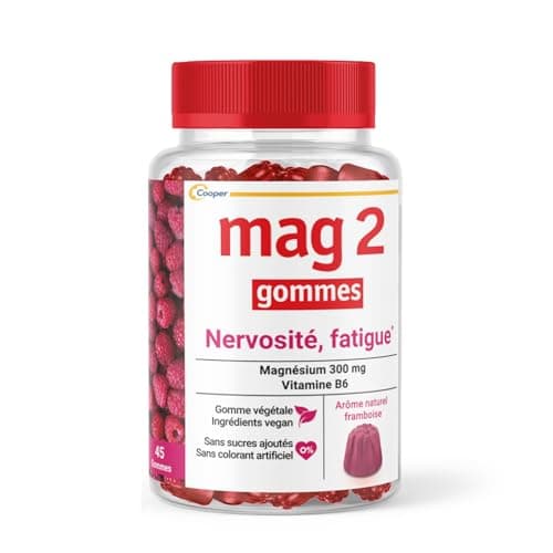 MAG 2 - Gommes framboise au magnésium et vitamine B6 - Anti-nervosité et anti-fatigue pour adultes - Sans sucres ajoutés