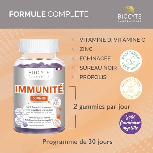 BIOCYTE Immunité Gummies pour Défenses Immunitaires - Vitamine D, C, Zinc, Echinacée, Merlot et Propolis - 60 Douces Gom