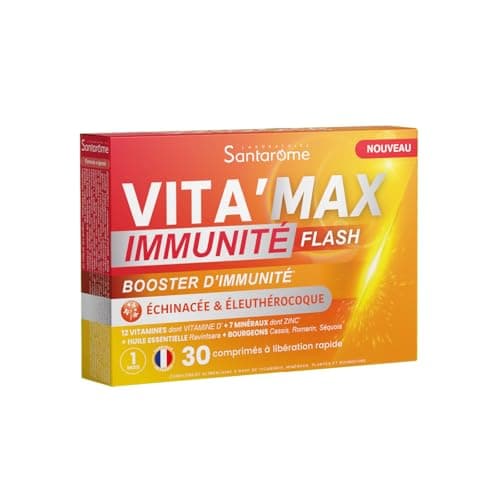 Santarome VITA'MAX Caféine & Taurine Booster, Comprimés Énergétiques pour Adultes, Matinée Énergisante, 20 Comprimés