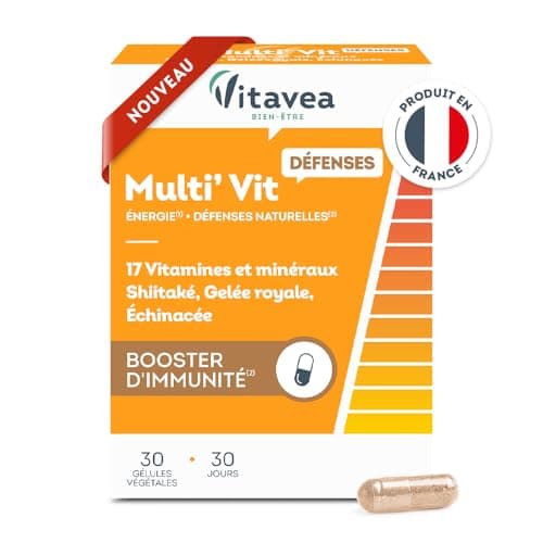 VITAVEA BIEN-ETRE - Multi’vit Défenses 30 gélules - Vitamine C, D, B6, B12 + Gelée royale & Shiitaké pour renforcer l’im