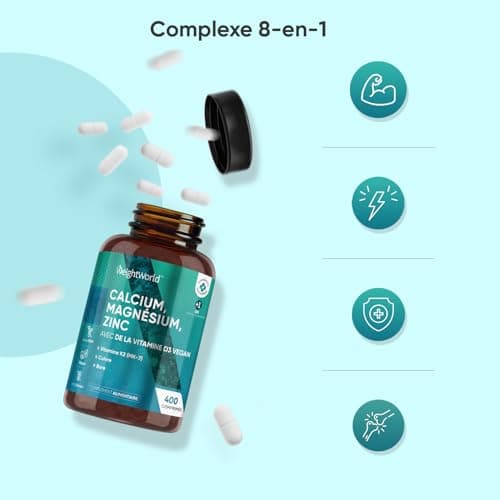 Calcium Magnésium Zinc Vitamine D3 K2 MK7 Vegan 400 Comprimés pour Ados et Adults - Multivitamines et Minéraux Forts en