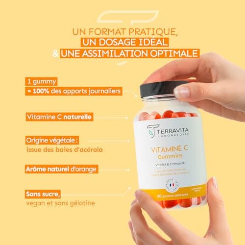 Vitamines C Terravita Gummies Enfants & Adultes | Energie - Tonus - Immunité | 1 Gummy = 100% des AR | 60 Gummies sans S