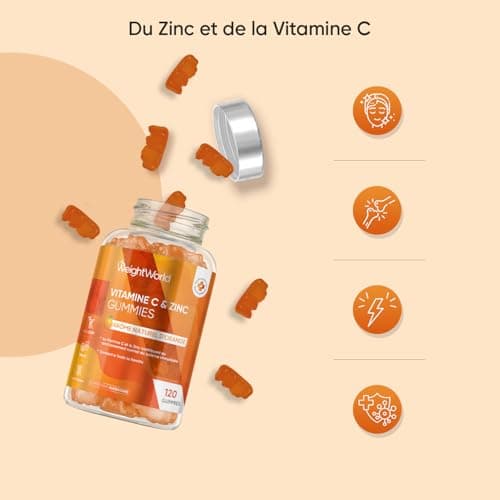 Vitamine C Gummies avec Zinc - 200mg + 6mg Vit C & Zinc, Gommes Vegan Naturelles, pour Adultes et Enfants dès 3 Ans (120