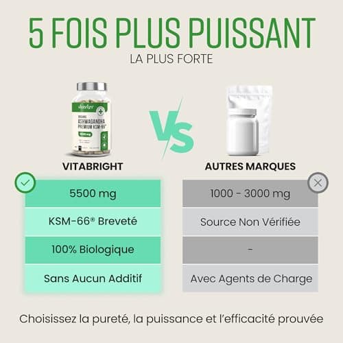 VitaBright Ashwagandha KSM-66 5% Withanolides 5500mg - 90 Jours Bio Vegan Anti-Stress pour Adultes, Conseils Antibes  
A