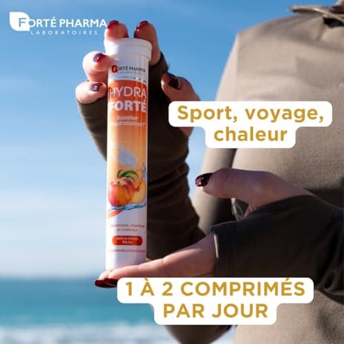 Forté Pharma - Hydra Forté Pêche - Electrolytes, Vitamines C et D, Minéraux, Magnésium - Pour les Sportsifs et Les Voyag