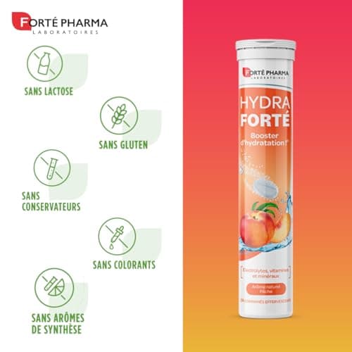 Forté Pharma - Hydra Forté Pêche - Electrolytes, Vitamines C et D, Minéraux, Magnésium - Pour les Sportsifs et Les Voyag