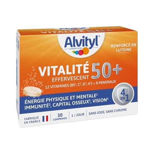 Alvityl - Comprimés effervescents Vitalité 50+ - 12 vitamines, 8 minéraux, 2 plantes et lutéine - Dès 50 ans - 30 compri