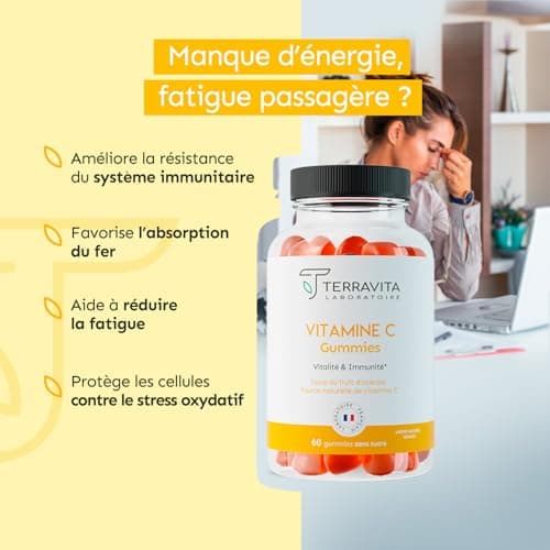 Vitamines C Terravita Gummies Enfants & Adultes | Energie - Tonus - Immunité | 1 Gummy = 100% des AR | 60 Gummies sans S