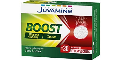 JUVAMINE - Ginseng de Sibérie et Taurine BOOST - Tonifiant physique et intellectuel - Arôme Bubble Gum - 30 Comprimés ef