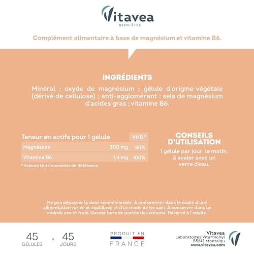 VITAVEA BIEN-ETRE Magnésium 300 mg Vitamine B6 Fatigue, Détente, Energie, Relaxation, Equilibre Nerveux - 45 gélules - C