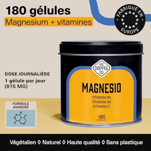 Magnésium citrique 750 mg + Vitamines C, B6, B5 - 180 Gélules journalières - Sans Plastiques - Contre la Fatigue et les