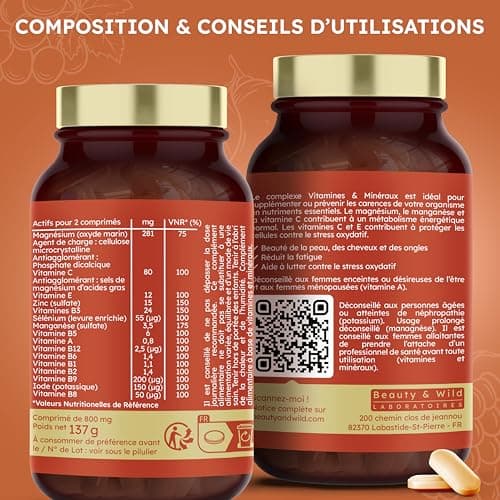 Multivitamines et Minéraux Anti-fatigue Énergie Vitalité Cheveux Ongles Made in France 180 Comprimés Beauty & WILD