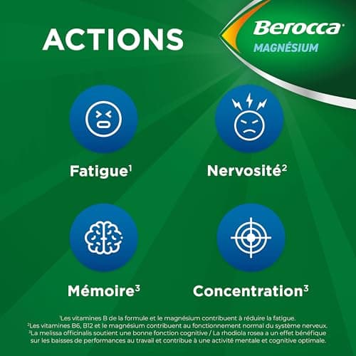 Berocca® Magnésium - Bicabonate et citrate de magnésium, vitamines B6, B12 - Fatigue et nervosité - Mémoire et concentra