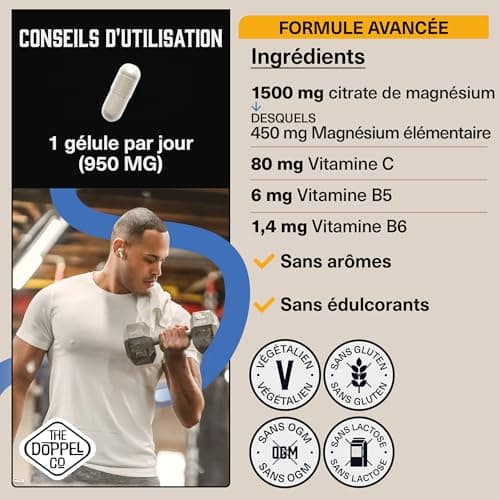 Magnésium citrique 750 mg + Vitamines C, B6, B5 - 180 Gélules journalières - Sans Plastiques - Contre la Fatigue et les