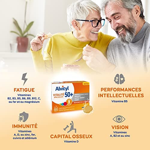 Alvityl - Comprimés effervescents Vitalité 50+ - 12 vitamines, 8 minéraux, 2 plantes et lutéine - Dès 50 ans - 30 compri