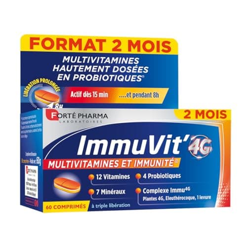 Forté Pharma - Complément Alimentaire Immunité et Vitalité 12 Vitamines, 7 Minéraux et 4 Ferments - 30 Comprimés Tri-cou — Immuvit'4G 60 comprimés