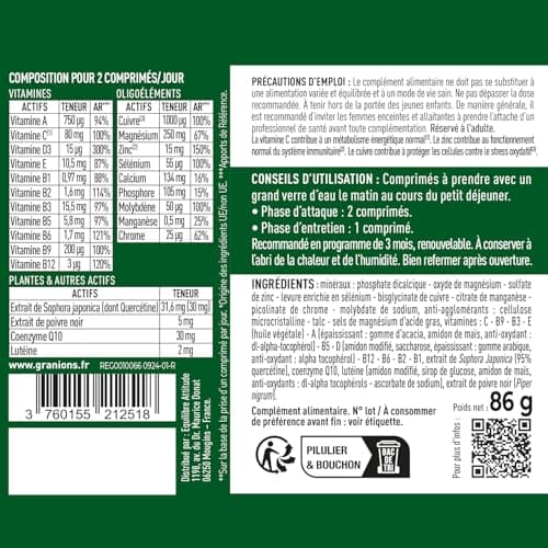 GRANIONS 24 VITAMINES - Magnesium, Zinc, Vitamine C, Selenium, Coenzyme Q10, Luteine - Energie, Immunité - Vitamines Adu