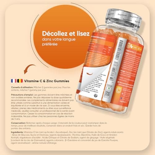 Vitamine C Gummies avec Zinc - 200mg + 6mg Vit C & Zinc, Gommes Vegan Naturelles, pour Adultes et Enfants dès 3 Ans (120