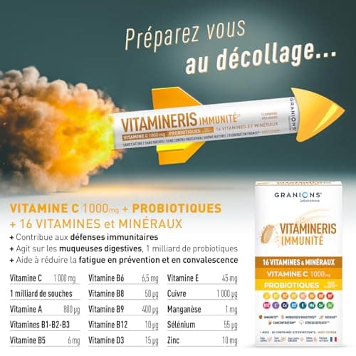 GRANIONS VITAMINERIS IMMUNITE | Vitamine C 1000mg, Vitamine A, 16 Vitamines et Minéraux, Immunité et Santé, Concentratio