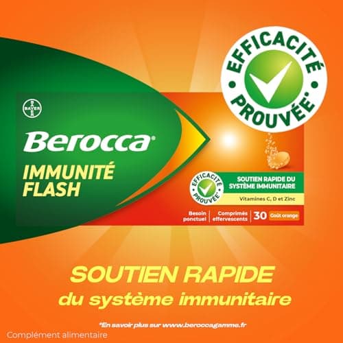 Berocca Immunité Flash - Soutient Système Immunitaire - Zinc, Vitamine D & C - Goût Orange - 60 Comprimés Effervescents