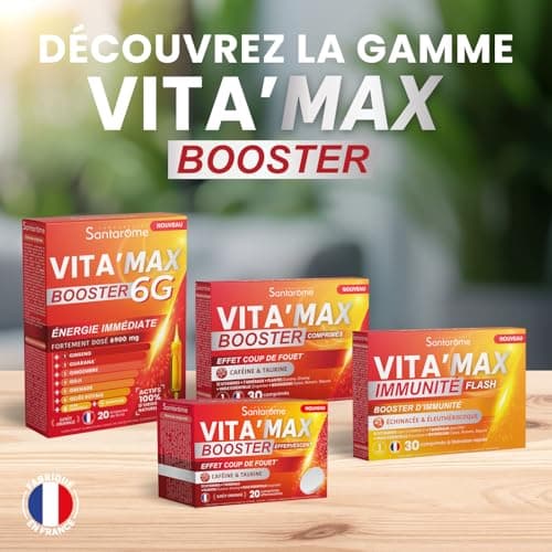 Santarome VITA'MAX Caféine & Taurine Booster, Comprimés Énergétiques pour Adultes, Matinée Énergisante, 20 Comprimés