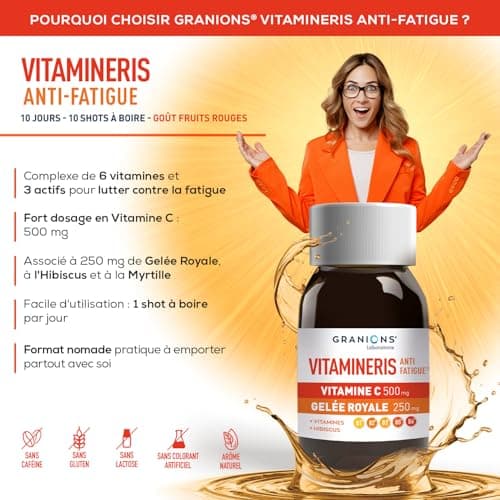 GRANIONS | Vitamineris Shot Anti Fatigue - Vitamine C + Gelee Royale + Hibiscus - 10 Shots - Goût Fruits Rouges - Forme