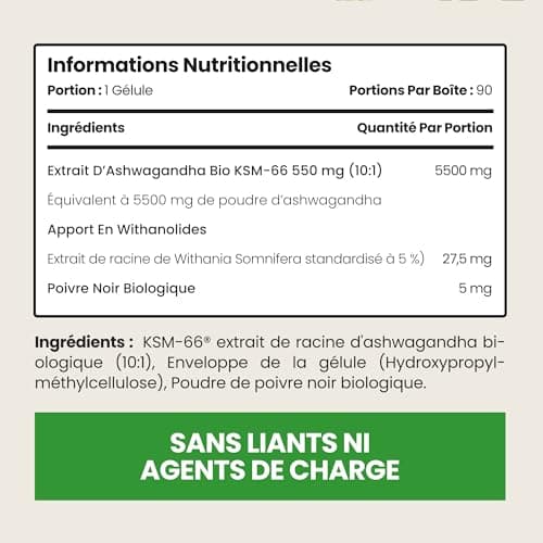 VitaBright Ashwagandha KSM-66 5% Withanolides 5500mg - 90 Jours Bio Vegan Anti-Stress pour Adultes, Conseils Antibes  
A