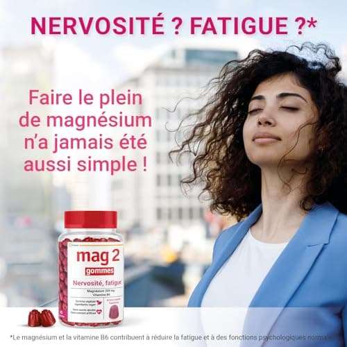 MAG 2 - Gommes framboise au magnésium et vitamine B6 - Anti-nervosité et anti-fatigue pour adultes - Sans sucres ajoutés
