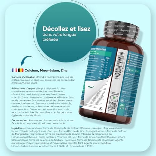 Calcium Magnésium Zinc Vitamine D3 K2 MK7 Vegan 400 Comprimés pour Ados et Adults - Multivitamines et Minéraux Forts en
