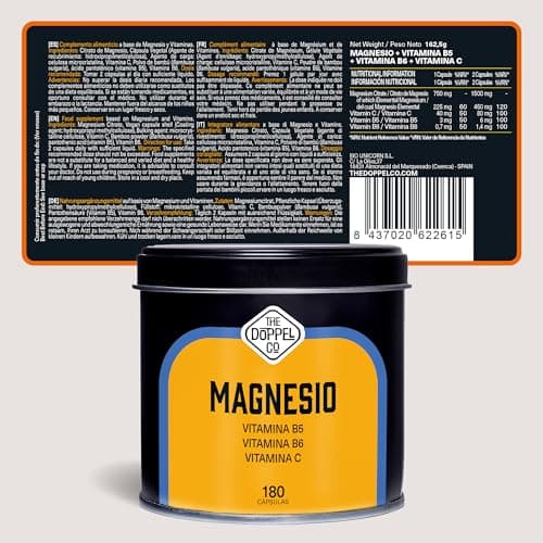 Magnésium citrique 750 mg + Vitamines C, B6, B5 - 180 Gélules journalières - Sans Plastiques - Contre la Fatigue et les