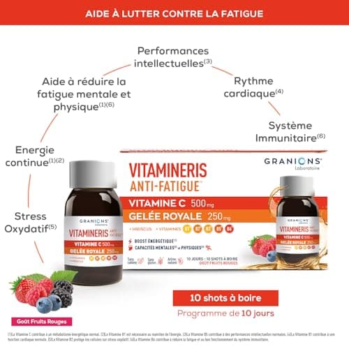 GRANIONS | Vitamineris Shot Anti Fatigue - Vitamine C + Gelee Royale + Hibiscus - 10 Shots - Goût Fruits Rouges - Forme