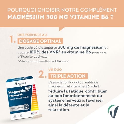 VITAVEA BIEN-ETRE Magnésium 300 mg Vitamine B6 Fatigue, Détente, Energie, Relaxation, Equilibre Nerveux - 45 gélules - C
