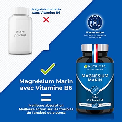 Magnésium Marin et Vitamine B6 Simag55™ | Combattant la Fatigue pour les Adultes | 150 mg/jour | 120 Gélules Végétales |