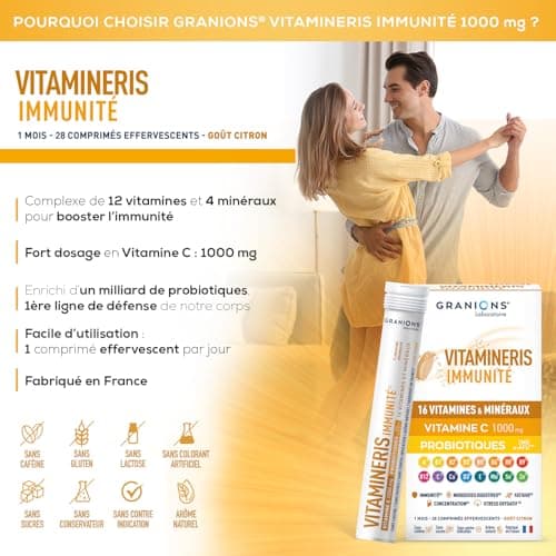 GRANIONS VITAMINERIS IMMUNITE | Vitamine C 1000mg, Vitamine A, 16 Vitamines et Minéraux, Immunité et Santé, Concentratio