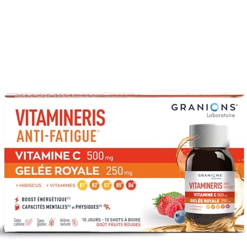 GRANIONS | Vitamineris Shot Anti Fatigue - Vitamine C + Gelee Royale + Hibiscus - 10 Shots - Goût Fruits Rouges - Forme