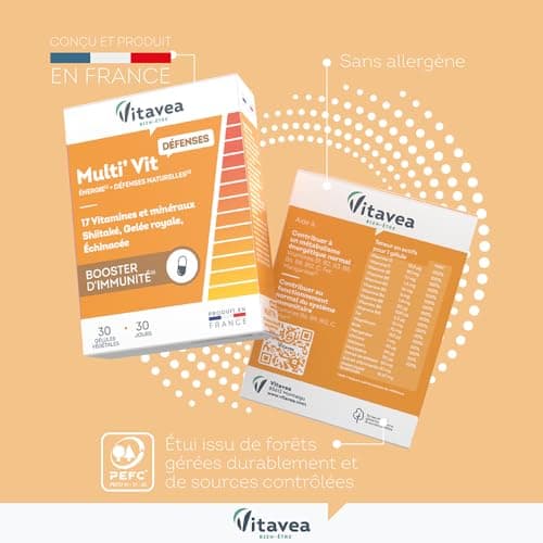VITAVEA BIEN-ETRE - Multi’vit Défenses 30 gélules - Vitamine C, D, B6, B12 + Gelée royale & Shiitaké pour renforcer l’im