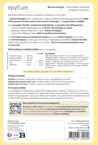 EPYCURE Boost Énergie pour Combattre la Fatigue et Renforcer l'Immunité - 98% Naturel - Vitamine C, Zinc, Maca, Sélénium