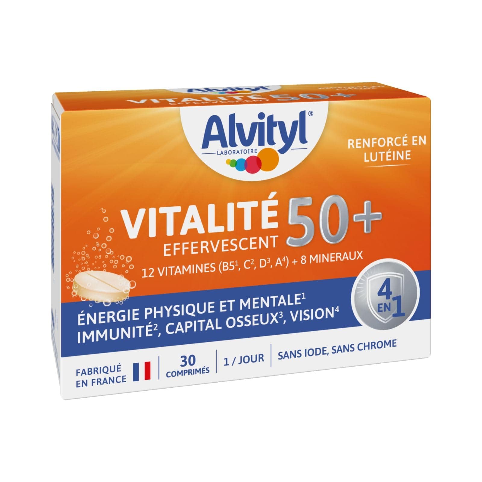 Alvityl - Comprimés effervescents Vitalité 50+ - 12 vitamines, 8 minéraux, 2 plantes et lutéine - Dès 50 ans - 30 compri