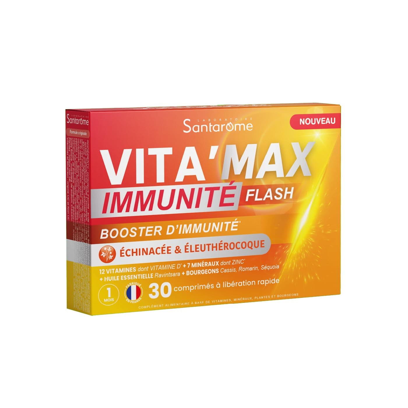 Santarome VITA'MAX Caféine & Taurine Booster, Comprimés Énergétiques pour Adultes, Matinée Énergisante, 20 Comprimés