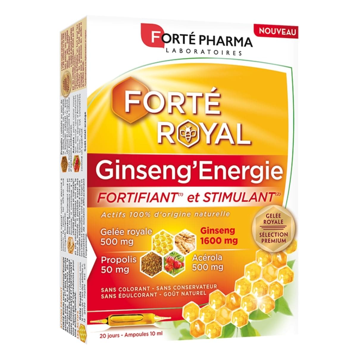 Ginseng Naturel pour Personnes Fatiguées - Complément Alimentaire Énergie Forte 20 Ampoules 20 Jours - Forté Pharma