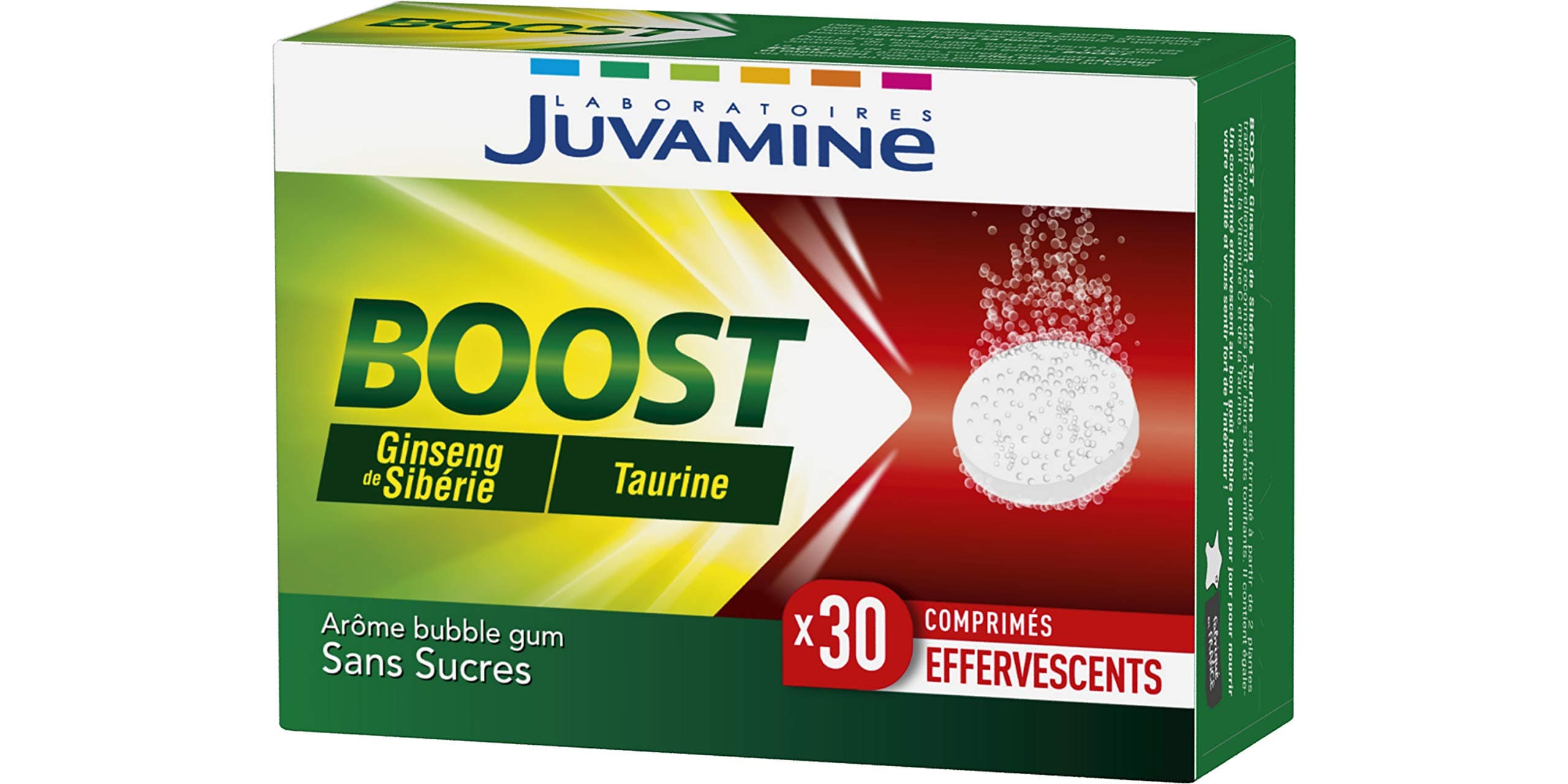 JUVAMINE - Ginseng de Sibérie et Taurine BOOST - Tonifiant physique et intellectuel - Arôme Bubble Gum - 30 Comprimés ef