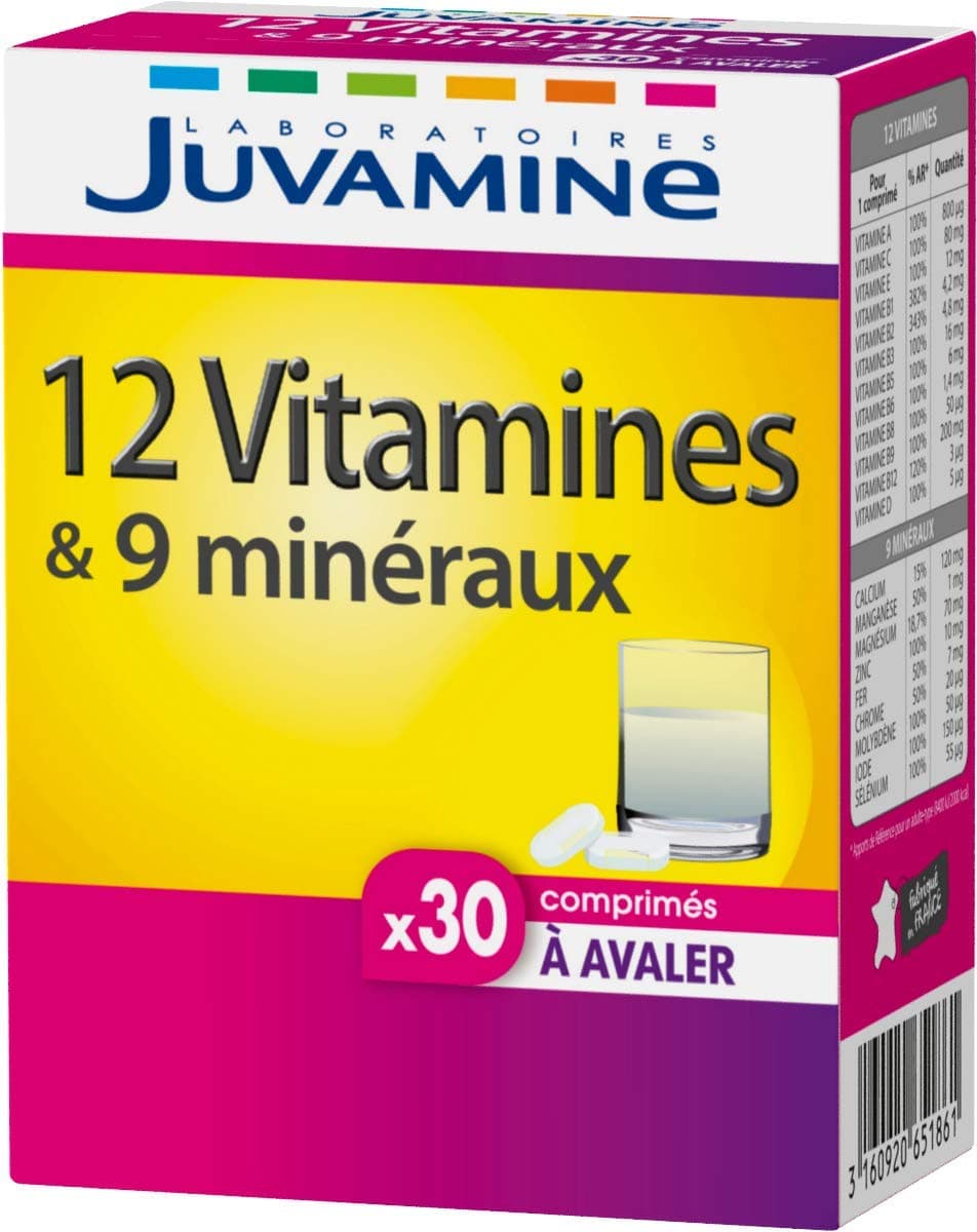 JUVAMINE - 12 Vitamines & 9 Minéraux pour Réduire la Fatigue - Pour Adultes - 30 Comprimés à Avaler