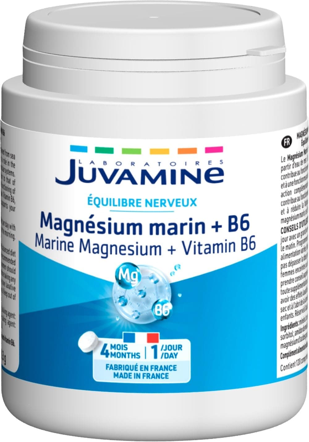 Magnésium Marin JUVAMINE 300mg + Vitamine B6 - Fatigue et Stress - Equilibre Nerveux - Format 4 Mois 120 Comprimés Franc