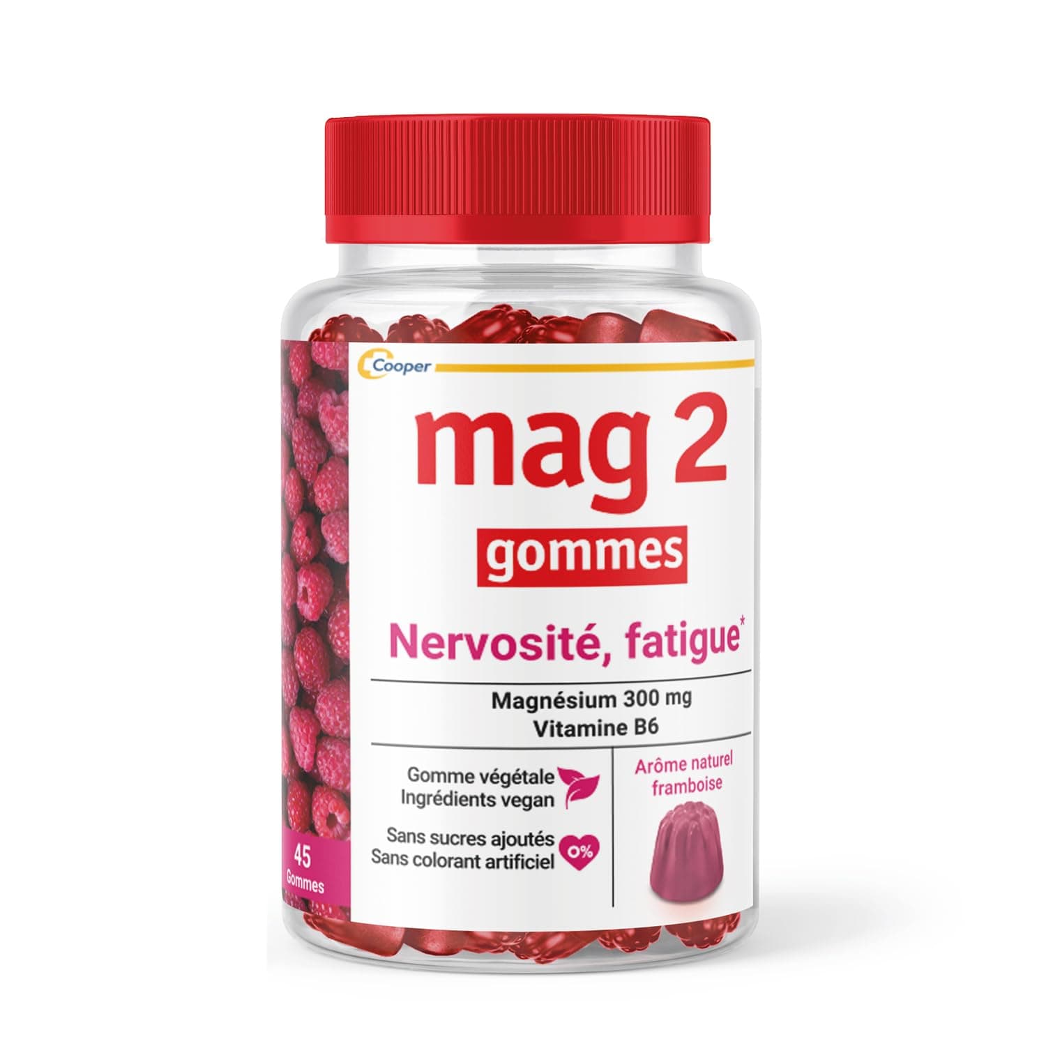 MAG 2 - Gommes framboise au magnésium et vitamine B6 - Anti-nervosité et anti-fatigue pour adultes - Sans sucres ajoutés
